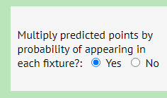 FPL transfer suggestor settings - multiply points by probability
